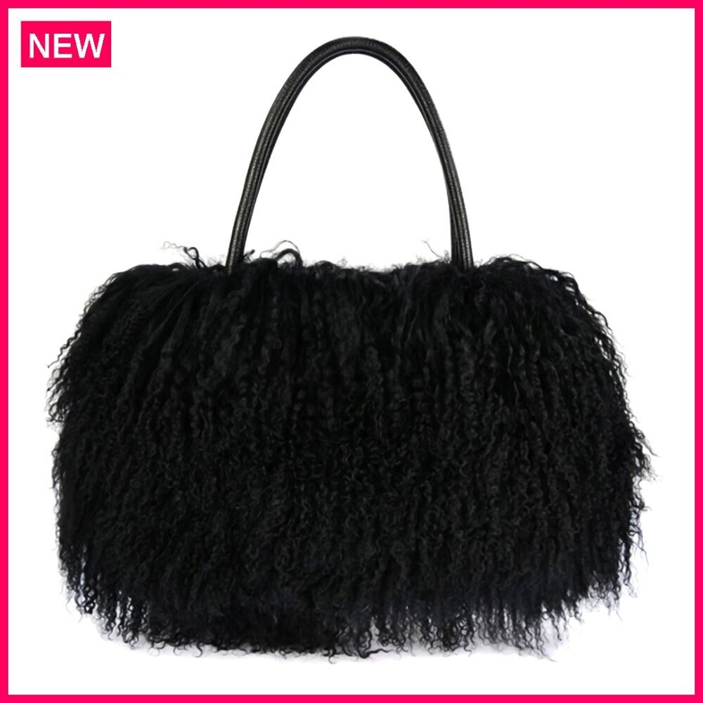 Luxury Real Lamb Mongolian Fur Shoulder Bag With Genuine Leather Handles